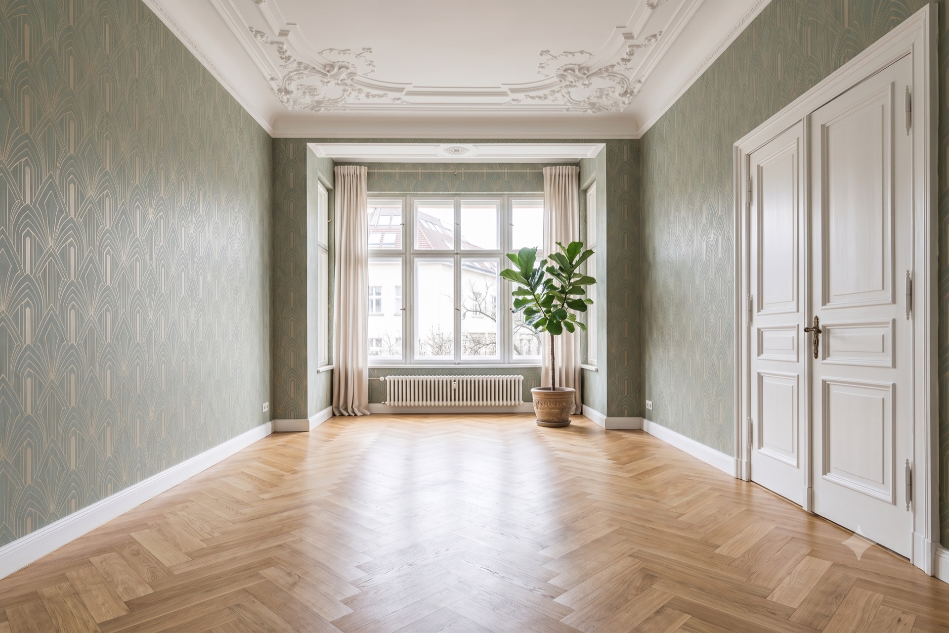 Pièce rénovée d'un appartement ancien : papier peint art déco, boiseries blanches, parquet en chevrons